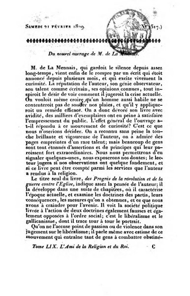 L'ami de la religion et du roi journal ecclesiastique, politique et litteraire