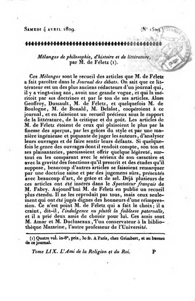 L'ami de la religion et du roi journal ecclesiastique, politique et litteraire