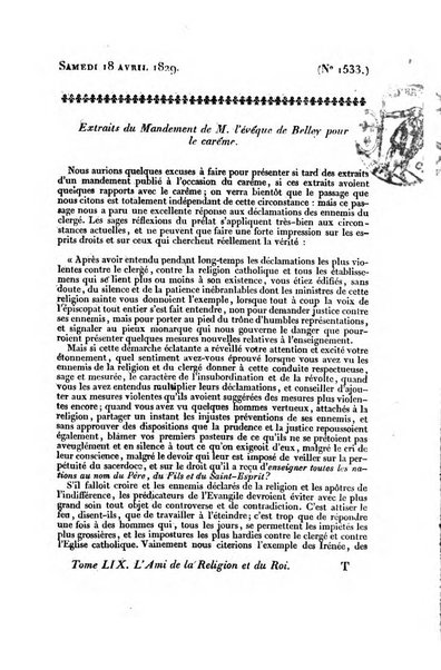 L'ami de la religion et du roi journal ecclesiastique, politique et litteraire