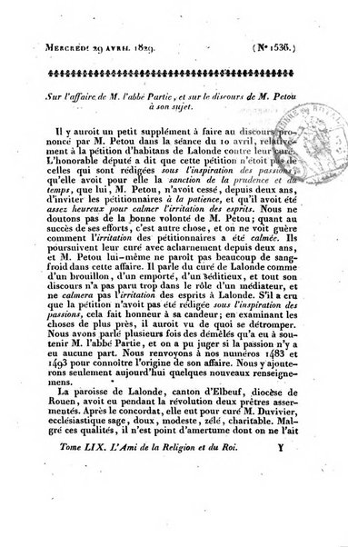 L'ami de la religion et du roi journal ecclesiastique, politique et litteraire