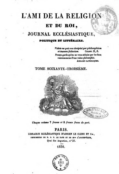 L'ami de la religion et du roi journal ecclesiastique, politique et litteraire