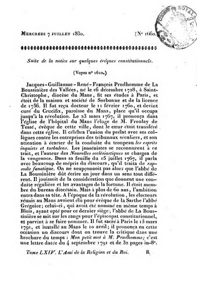 L'ami de la religion et du roi journal ecclesiastique, politique et litteraire