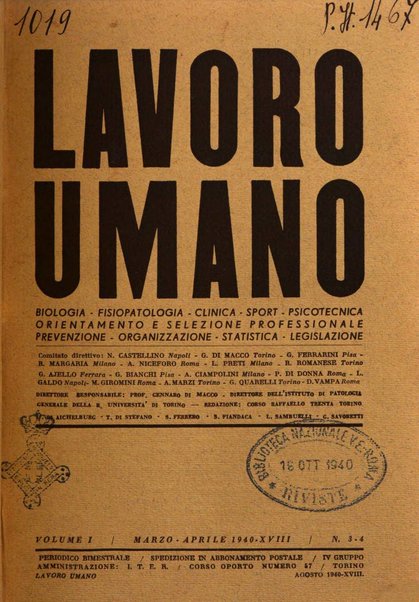 Lavoro umano rivista mensile di fisiologia, patologia e clinica del lavoro