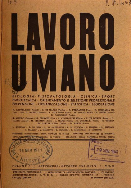 Lavoro umano rivista mensile di fisiologia, patologia e clinica del lavoro