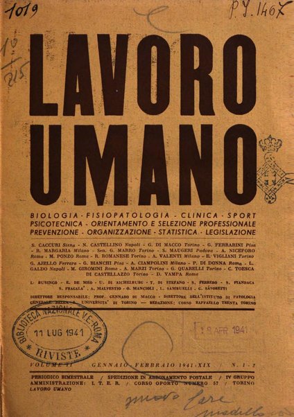 Lavoro umano rivista mensile di fisiologia, patologia e clinica del lavoro