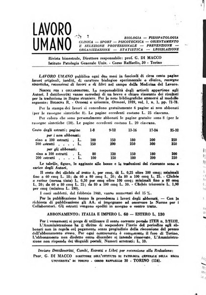 Lavoro umano rivista mensile di fisiologia, patologia e clinica del lavoro