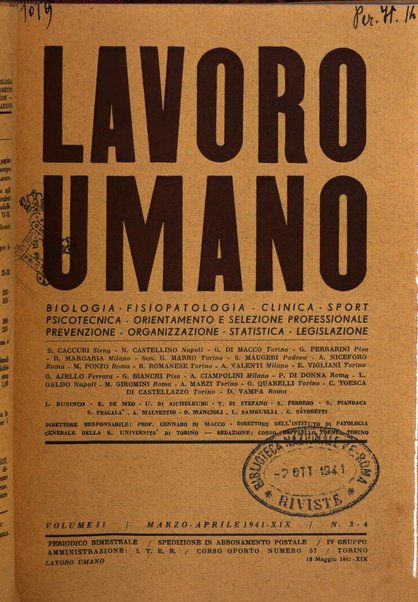 Lavoro umano rivista mensile di fisiologia, patologia e clinica del lavoro