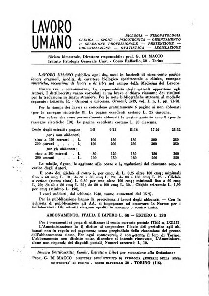 Lavoro umano rivista mensile di fisiologia, patologia e clinica del lavoro