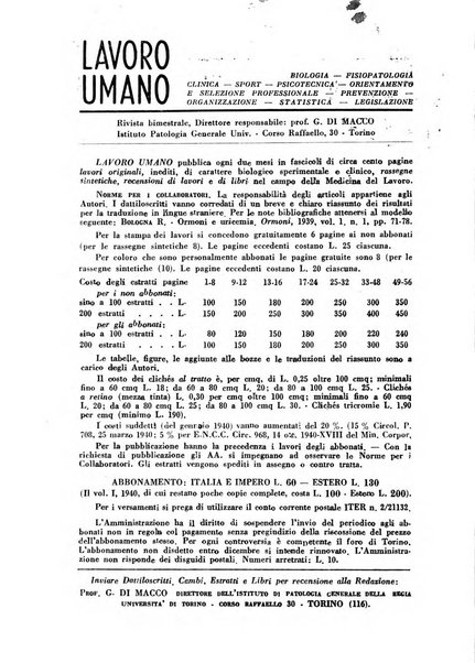 Lavoro umano rivista mensile di fisiologia, patologia e clinica del lavoro