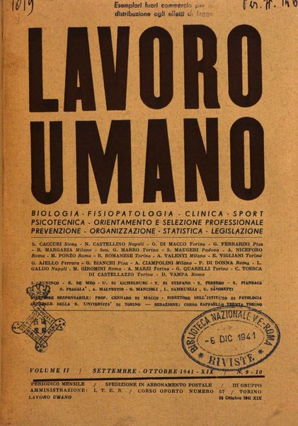 Lavoro umano rivista mensile di fisiologia, patologia e clinica del lavoro