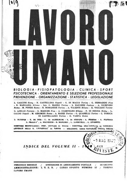 Lavoro umano rivista mensile di fisiologia, patologia e clinica del lavoro