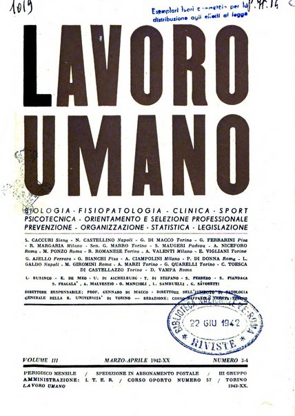 Lavoro umano rivista mensile di fisiologia, patologia e clinica del lavoro