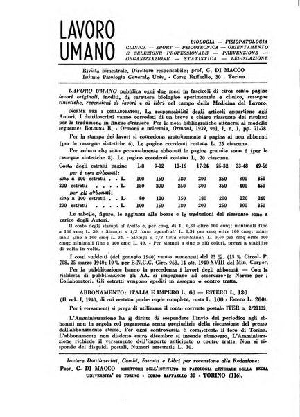 Lavoro umano rivista mensile di fisiologia, patologia e clinica del lavoro