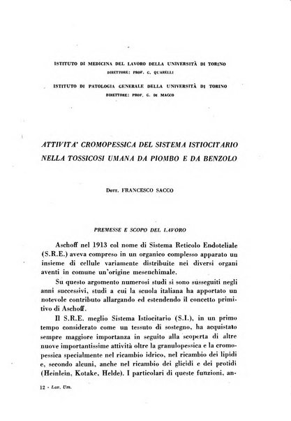 Lavoro umano rivista mensile di fisiologia, patologia e clinica del lavoro