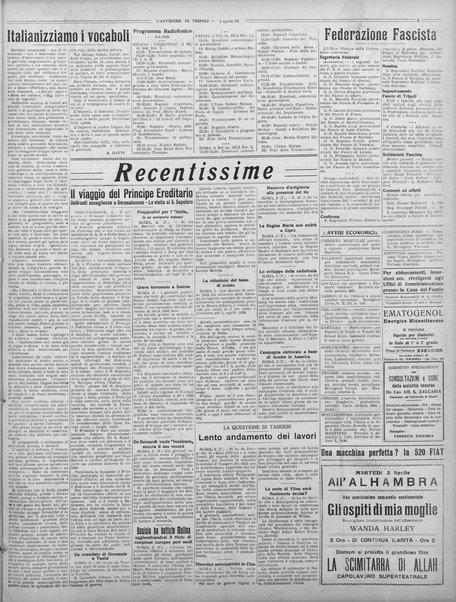 L'avvenire di Tripoli : quotidiano della Federazione fascista della tripolitania