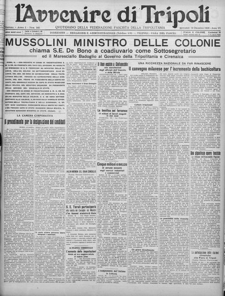 L'avvenire di Tripoli : quotidiano della Federazione fascista della tripolitania