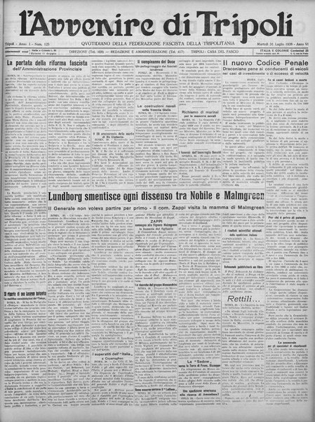 L'avvenire di Tripoli : quotidiano della Federazione fascista della tripolitania