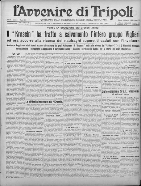 L'avvenire di Tripoli : quotidiano della Federazione fascista della tripolitania