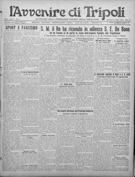 L'avvenire di Tripoli : quotidiano della Federazione fascista della tripolitania