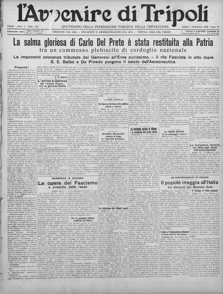 L'avvenire di Tripoli : quotidiano della Federazione fascista della tripolitania