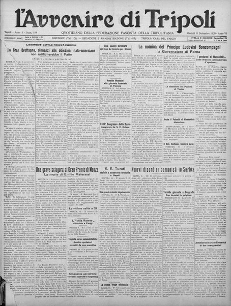 L'avvenire di Tripoli : quotidiano della Federazione fascista della tripolitania