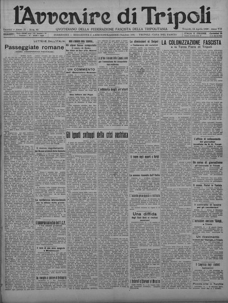 L'avvenire di Tripoli : quotidiano della Federazione fascista della tripolitania