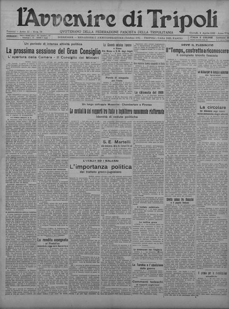 L'avvenire di Tripoli : quotidiano della Federazione fascista della tripolitania