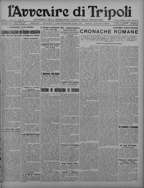 L'avvenire di Tripoli : quotidiano della Federazione fascista della tripolitania