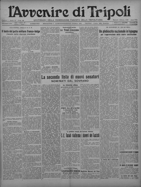 L'avvenire di Tripoli : quotidiano della Federazione fascista della tripolitania