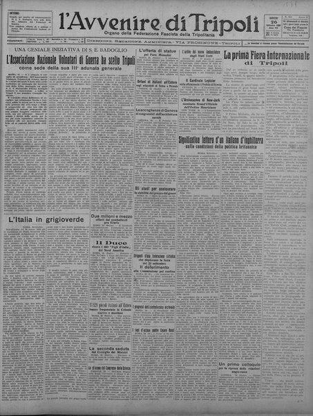 L'avvenire di Tripoli : quotidiano della Federazione fascista della tripolitania