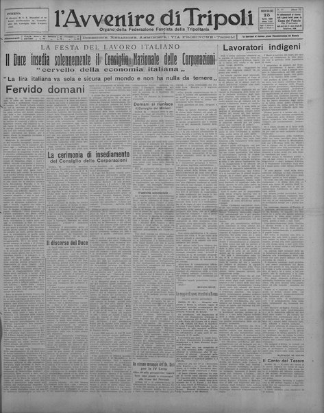 L'avvenire di Tripoli : quotidiano della Federazione fascista della tripolitania