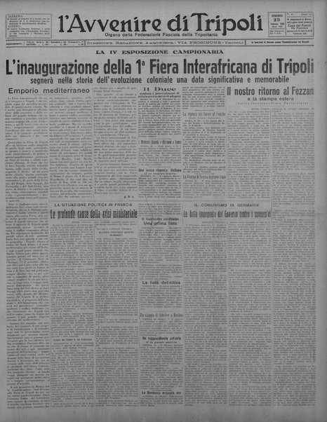 L'avvenire di Tripoli : quotidiano della Federazione fascista della tripolitania