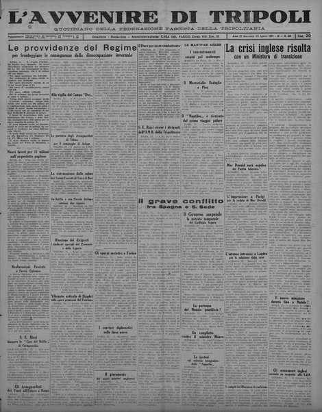 L'avvenire di Tripoli : quotidiano della Federazione fascista della tripolitania