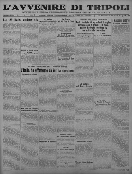 L'avvenire di Tripoli : quotidiano della Federazione fascista della tripolitania