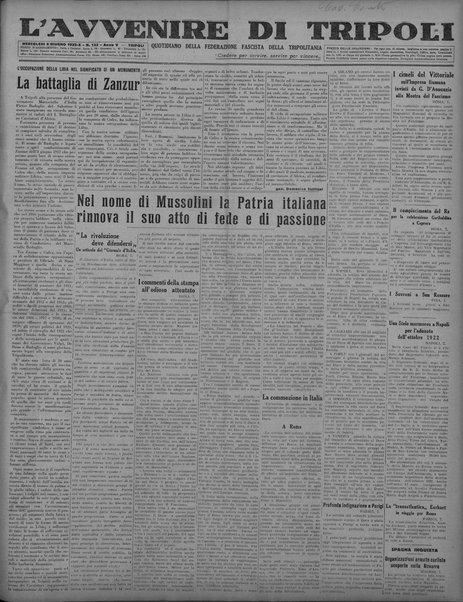 L'avvenire di Tripoli : quotidiano della Federazione fascista della tripolitania