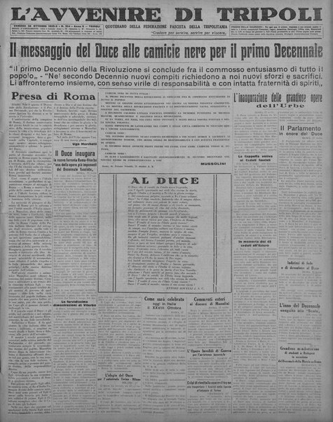 L'avvenire di Tripoli : quotidiano della Federazione fascista della tripolitania