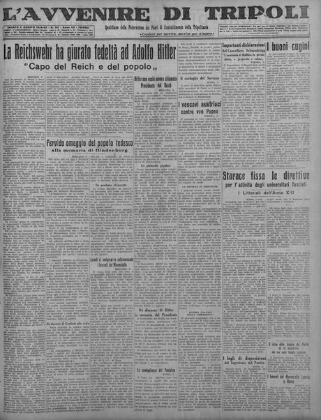 L'avvenire di Tripoli : quotidiano della Federazione fascista della tripolitania