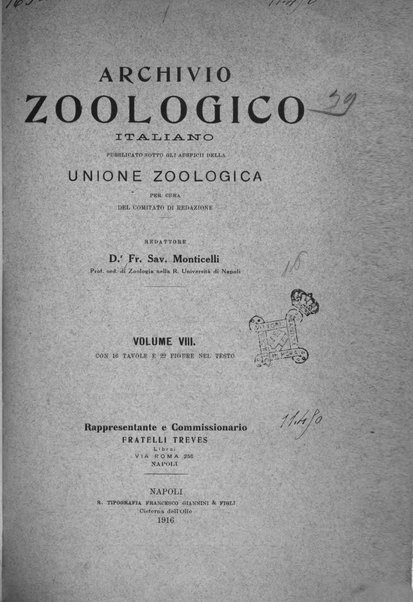 Archivio zoologico italiano pubblicato sotto gli auspicii della Unione Zoologica