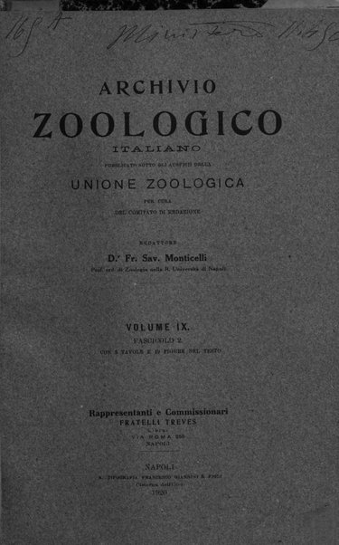 Archivio zoologico italiano pubblicato sotto gli auspicii della Unione Zoologica