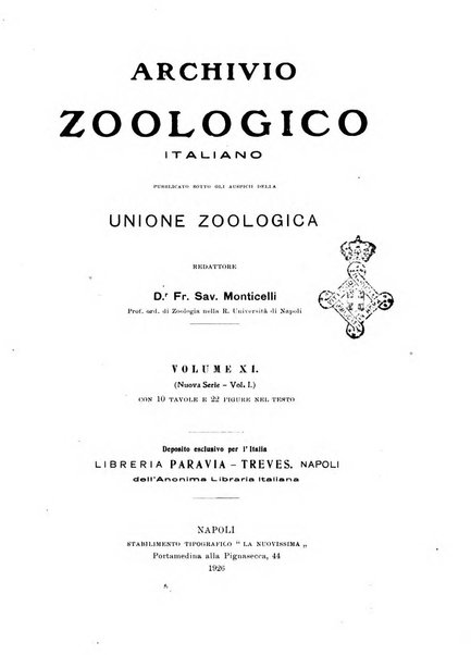 Archivio zoologico italiano pubblicato sotto gli auspicii della Unione Zoologica