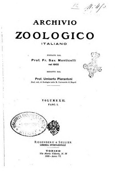 Archivio zoologico italiano pubblicato sotto gli auspicii della Unione Zoologica