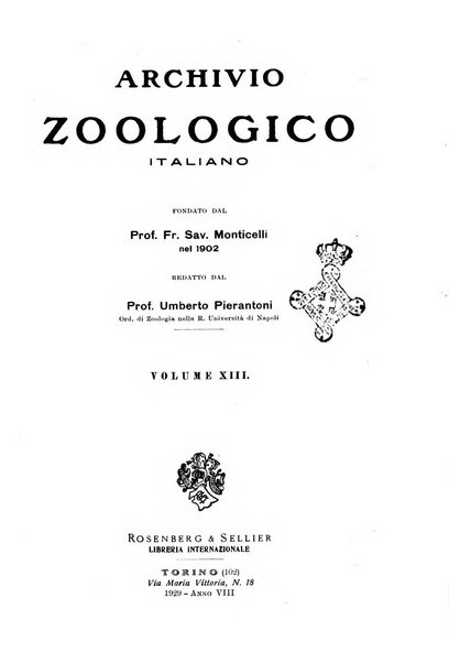 Archivio zoologico italiano pubblicato sotto gli auspicii della Unione Zoologica