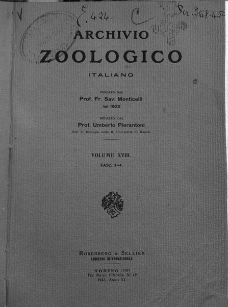 Archivio zoologico italiano pubblicato sotto gli auspicii della Unione Zoologica