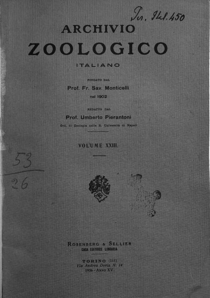 Archivio zoologico italiano pubblicato sotto gli auspicii della Unione Zoologica