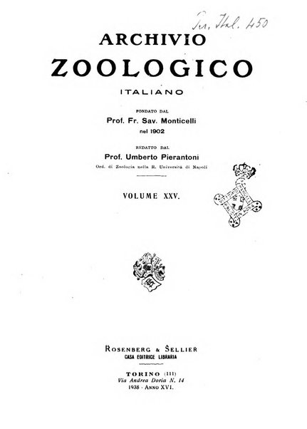 Archivio zoologico italiano pubblicato sotto gli auspicii della Unione Zoologica