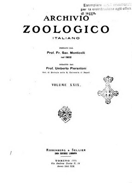 Archivio zoologico italiano pubblicato sotto gli auspicii della Unione Zoologica