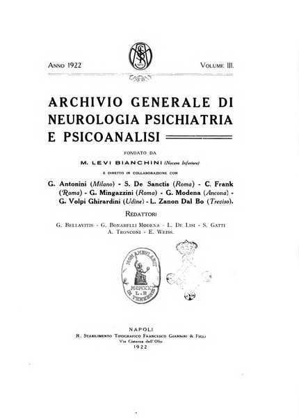 Archivio generale di neurologia, psichiatria e psicoanalisi