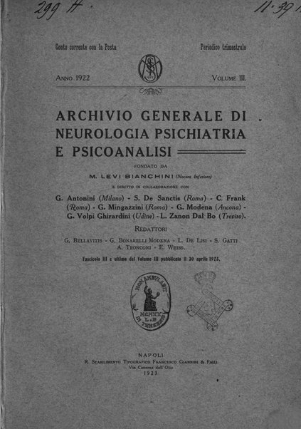 Archivio generale di neurologia, psichiatria e psicoanalisi