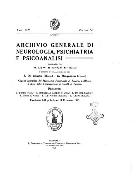 Archivio generale di neurologia, psichiatria e psicoanalisi