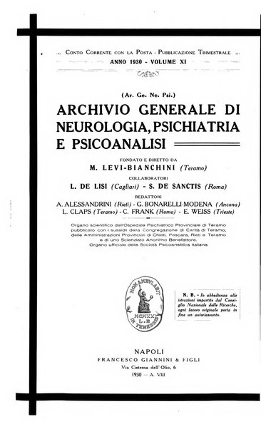 Archivio generale di neurologia, psichiatria e psicoanalisi